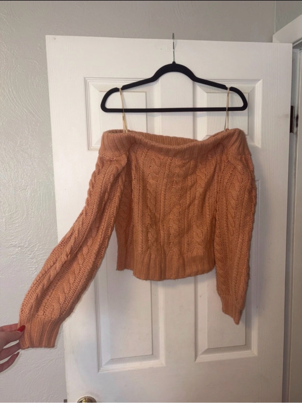 Forever 21 Off-the-Shoulder Cable Knit Sweater in Peach